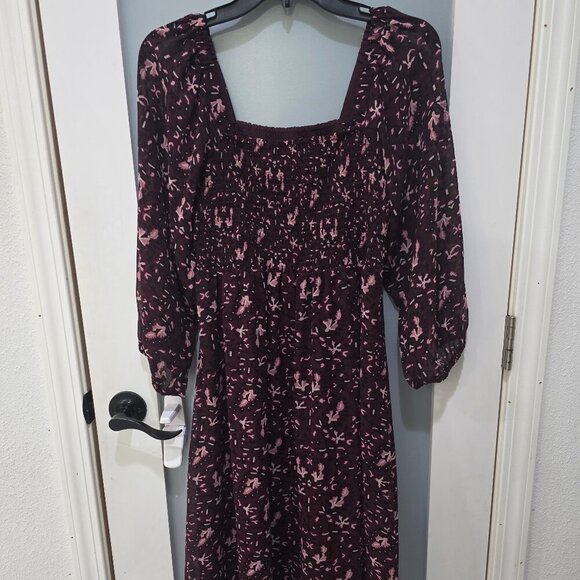 Madewell Dresses & Skirts - Madewell Burgundy Floral Smocked Midi Dress MP – NWT Double Lined